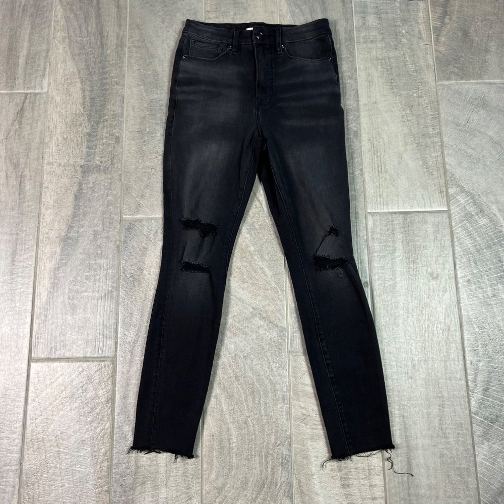 Good American Size 6 Black Distressed Raw Hem Good Waist Skinny Jeans - Picture 2 of 10